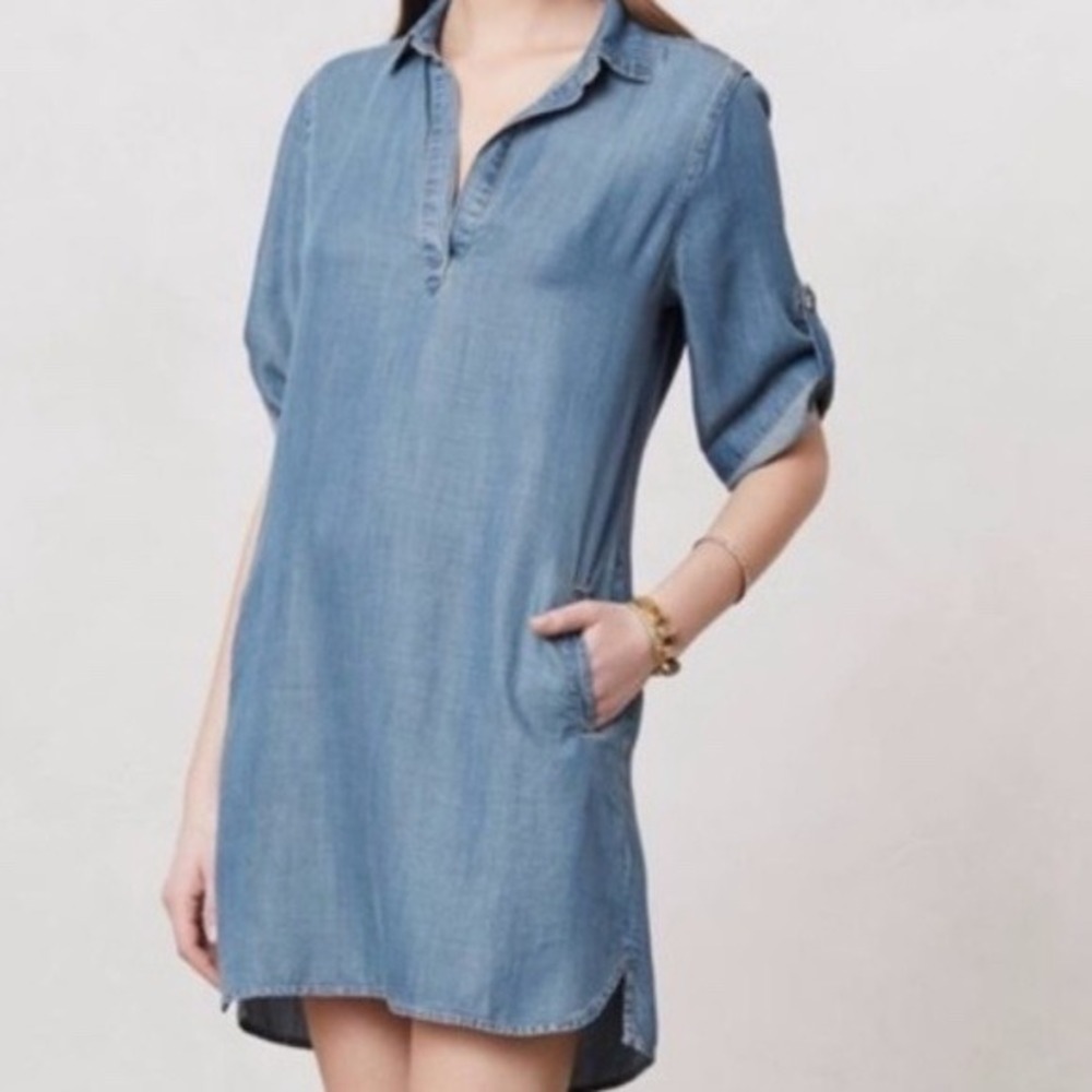 Cloth & Stone Blue‎ Tencel Lyocell Shift Dress Short Sleeve Pockets Small C6582
